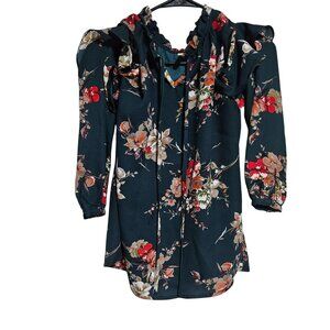 Floral Cold Shoulder Blouse Womens Size Medium Ruffle Details Long Sleeves Green